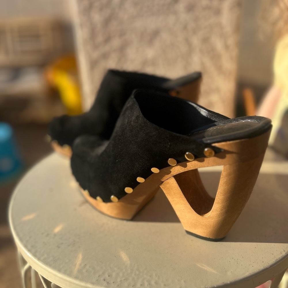 Black Suede Women's Mules with Wooden Heel